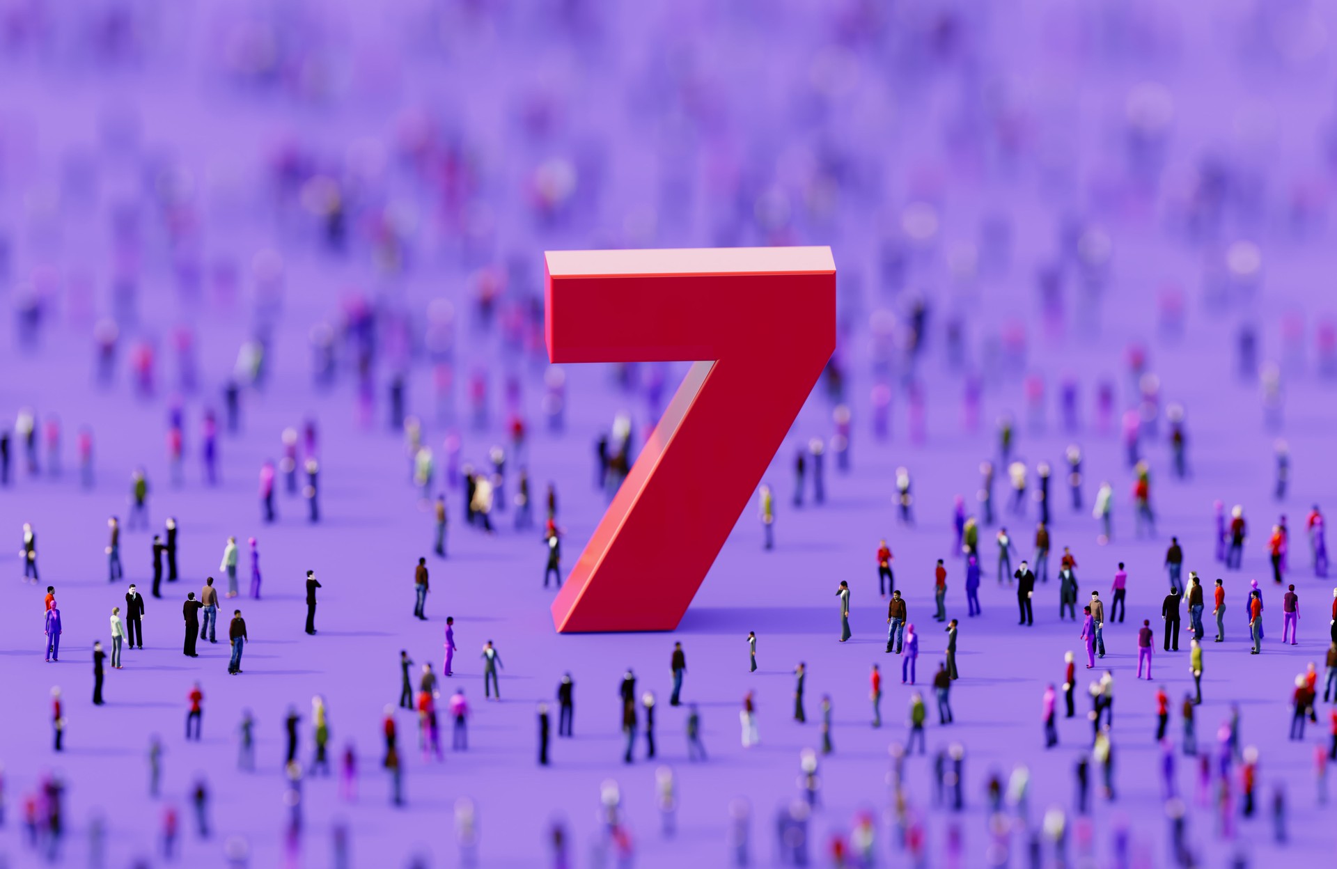 Red Number 7 Surrounded By Crowd Of People On Purple Background - Social Gathering Concept Red Number 7 Surrounded By Crowd Of People On Purple Background - Social Gathering Concept